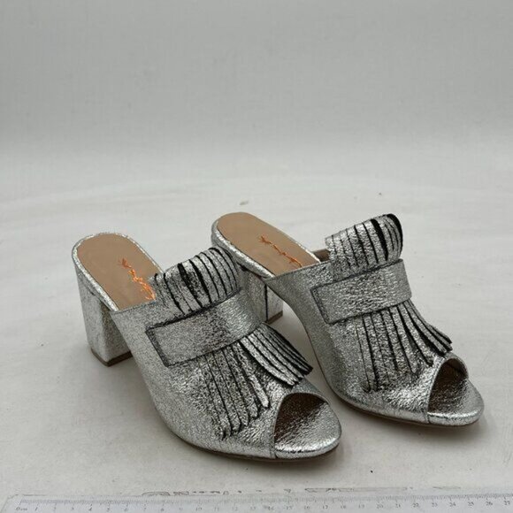 XYD Silver Open Toe Mules with Fringe Slip On High Chunky Heels Summer Sandals - Picture 4 of 8